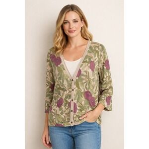 Vintage Eddie Bauer Cardigan Women L Linen Floral Green Forest Fairy Cottage